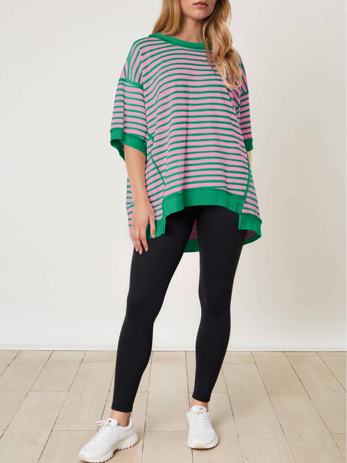 Imily Bela Womens Oversized T Shirts Striped Color Block Cotton Tops Summer Casual Half Sleeve Loose Fit Crewneck Sweatshirts