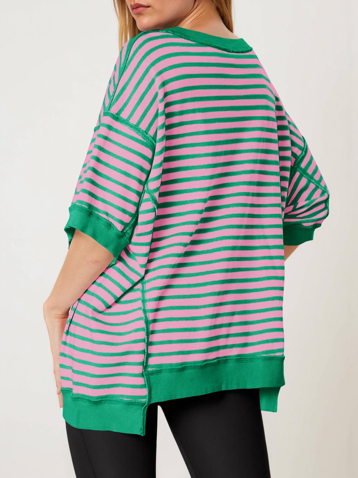 Imily Bela Womens Oversized T Shirts Striped Color Block Cotton Tops Summer Casual Half Sleeve Loose Fit Crewneck Sweatshirts