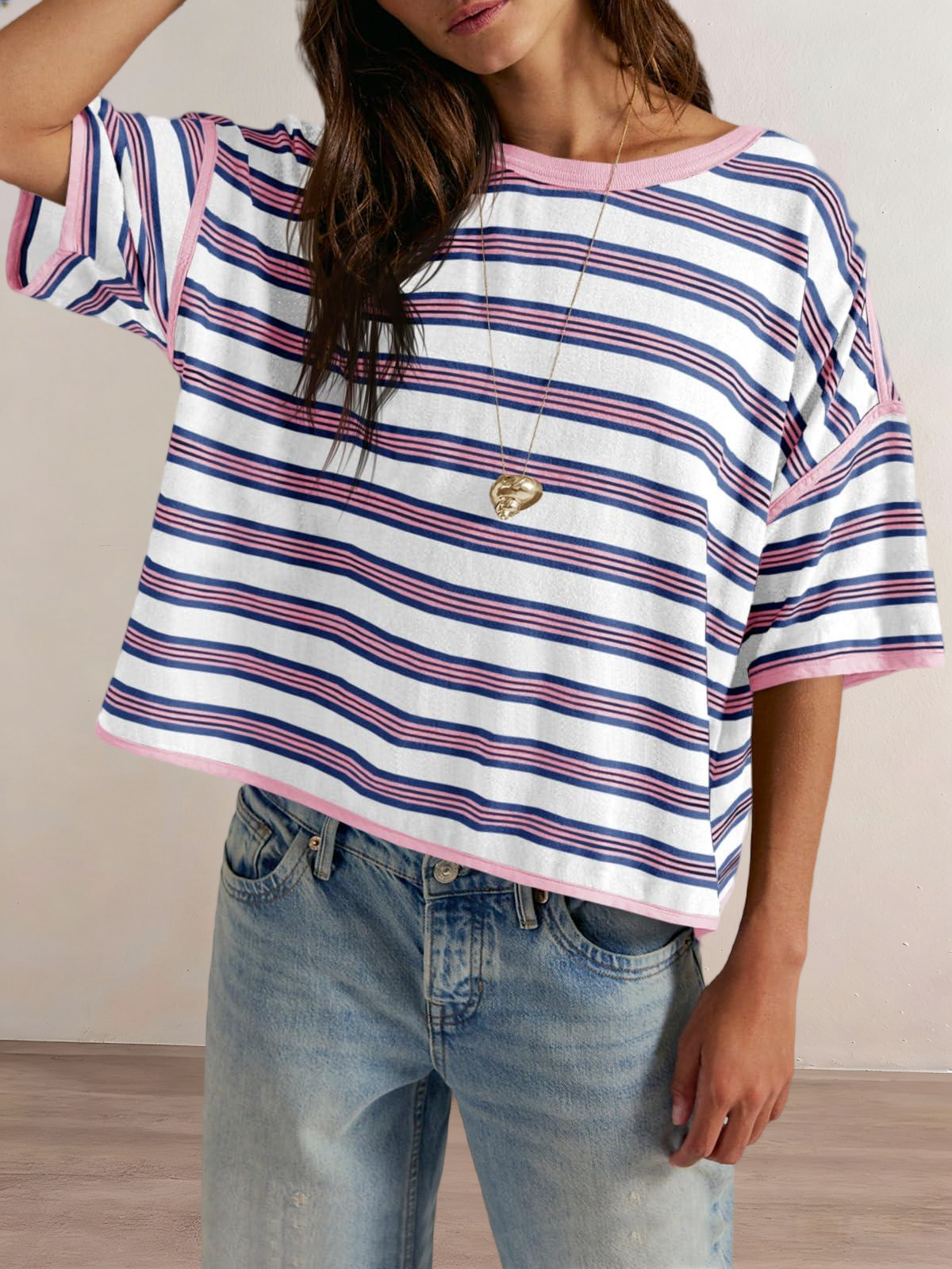 Imily Bela Womens Oversized Striped T-Shirts Summer Casual Color Block Short Sleeve Tops Drop Shoulder Boxy Tees