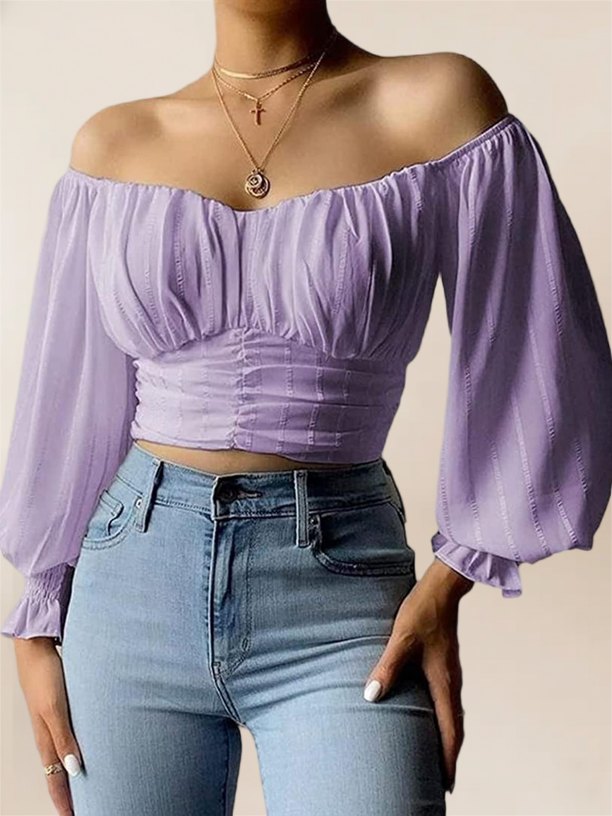 Imily Bela Womens Elegant Off The Shoulder Puff Sleeve Blouse Summer Chiffon Slim Fit Party Crop Top