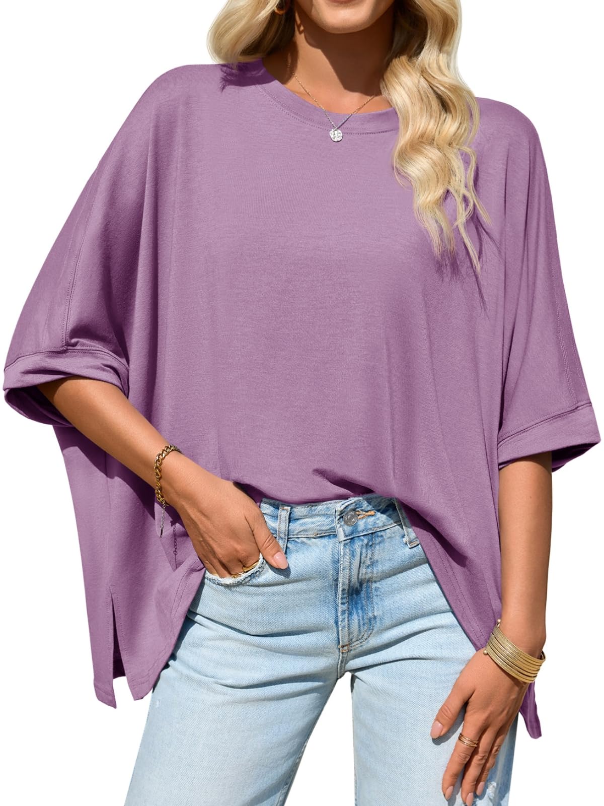 Imily Bela Womens Oversized Tshirts Batwing Short Sleeve Asymmetric Hem Tops Summer Casual Loose Fit Tunic Tee Shirts
