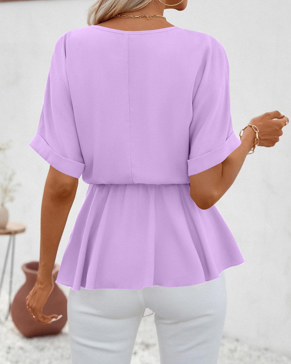 Imily Bela Womens V Neck Blouse Short Sleeve Belted Casual T-Shirts Basic Tee Tops