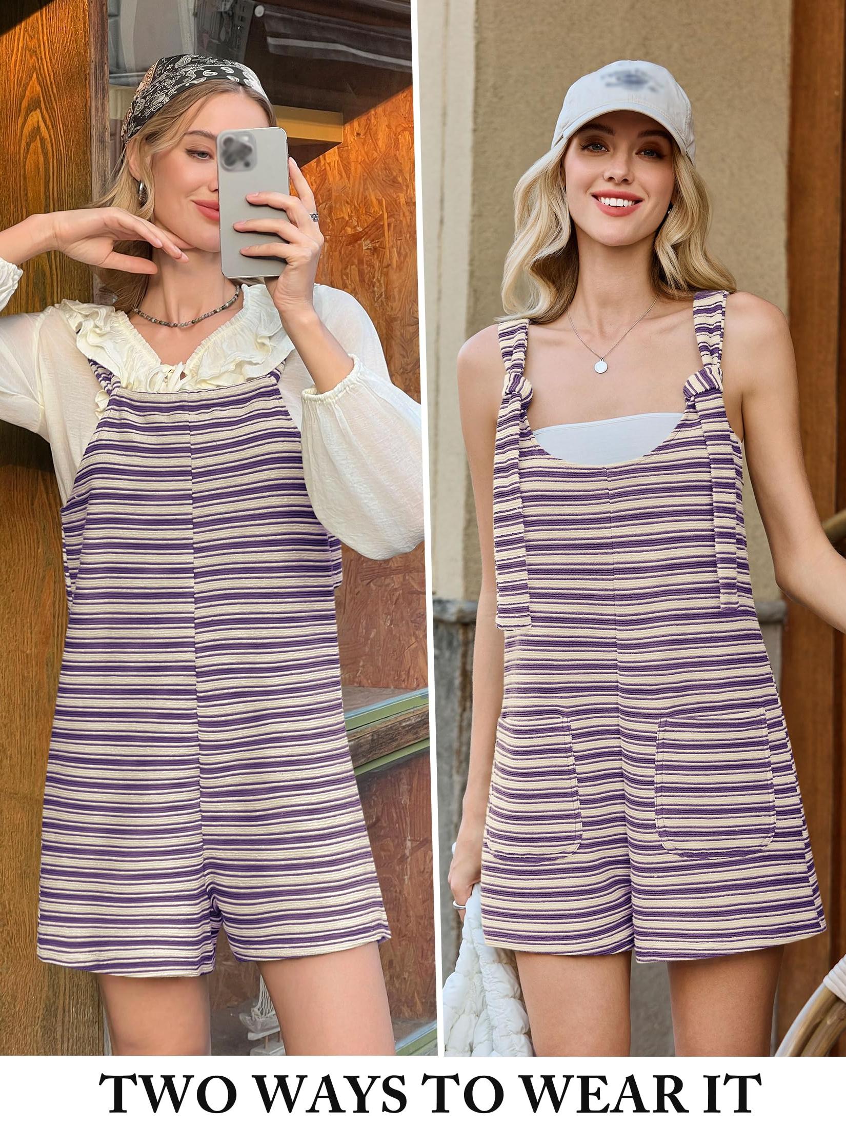 Imily Bela Womens Summer Casual Sleeveless Romper Loose Striped Tied Shorts Overalls Jumpsuit with Pockets