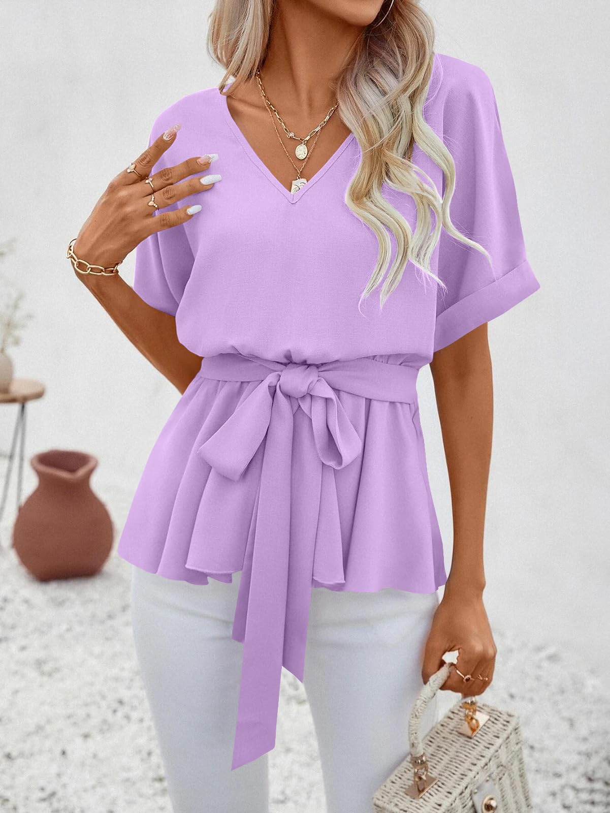 Imily Bela Womens V Neck Blouse Short Sleeve Belted Casual T-Shirts Basic Tee Tops
