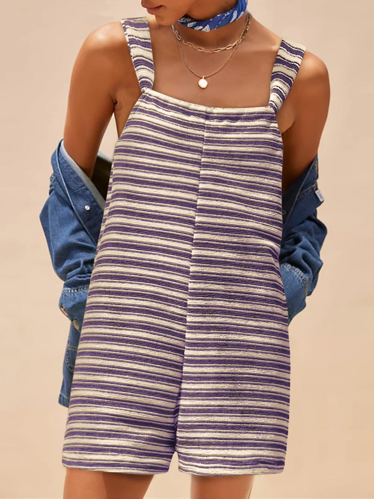 Imily Bela Womens Summer Casual Sleeveless Romper Loose Striped Tied Shorts Overalls Jumpsuit with Pockets