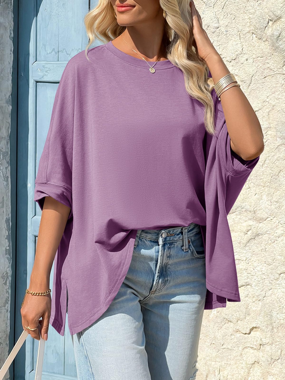 Imily Bela Womens Oversized Tshirts Batwing Short Sleeve Asymmetric Hem Tops Summer Casual Loose Fit Tunic Tee Shirts