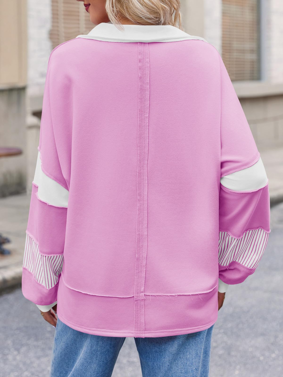 Imily Bela Womens Color Block Oversized Sweatshirt Polo V Neck Long Sleeve Shirts Casual Loose Pullover Tops