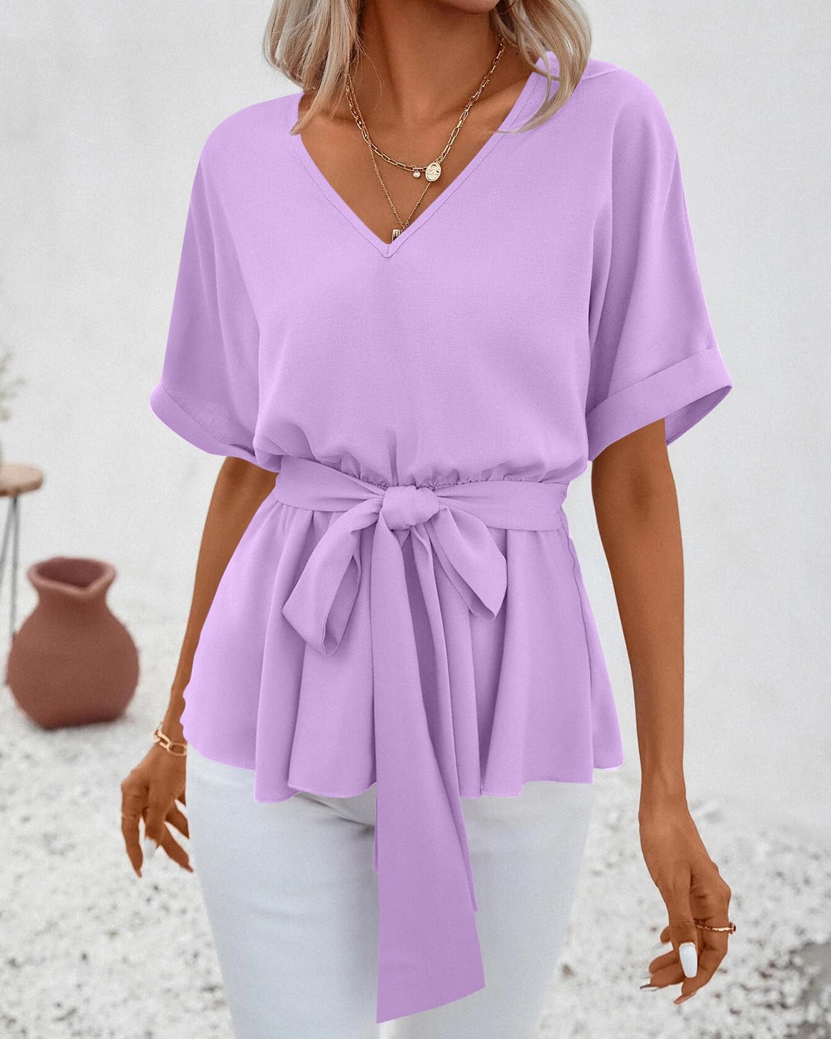 Imily Bela Womens V Neck Blouse Short Sleeve Belted Casual T-Shirts Basic Tee Tops