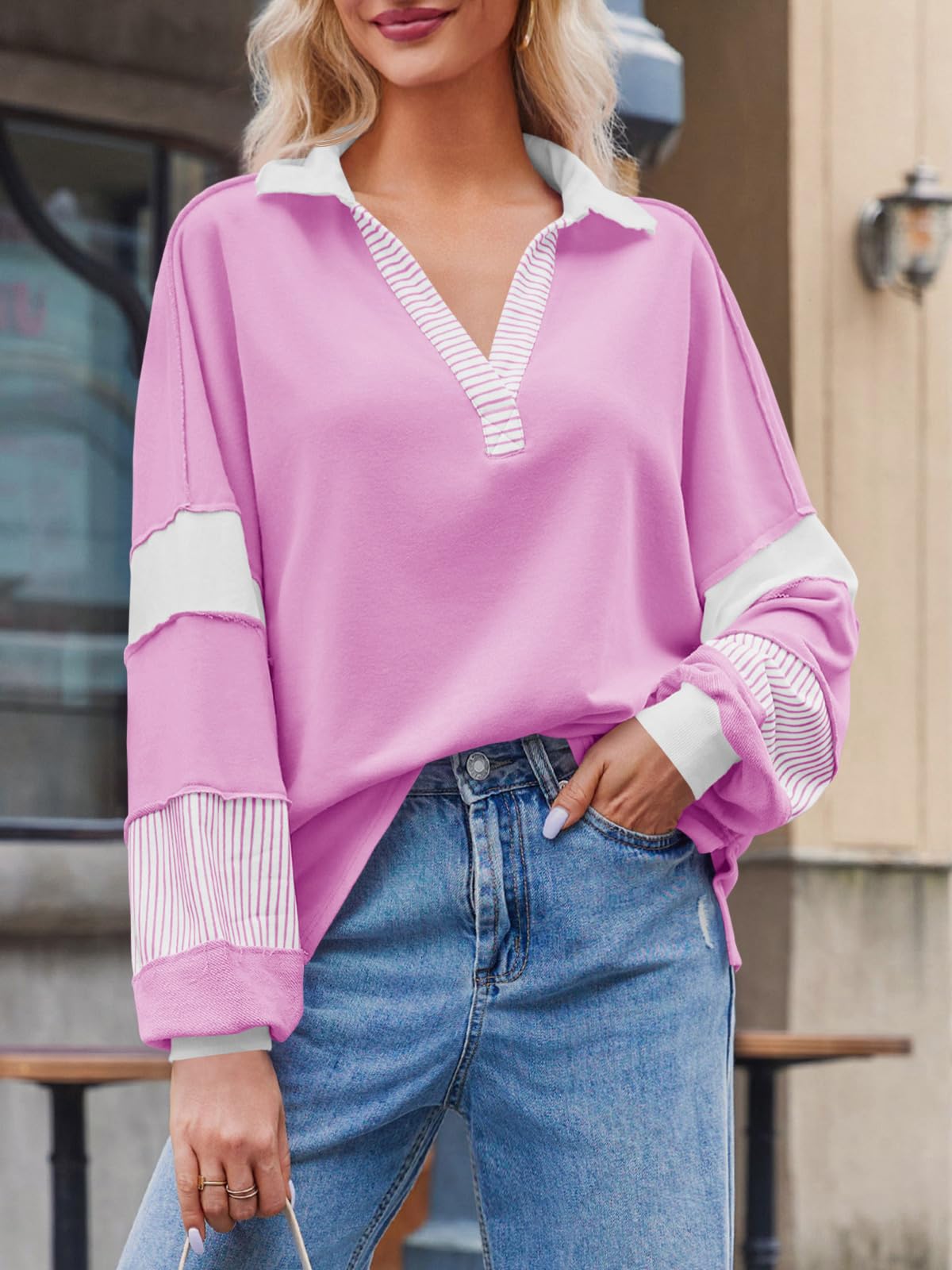 Imily Bela Womens Color Block Oversized Sweatshirt Polo V Neck Long Sleeve Shirts Casual Loose Pullover Tops