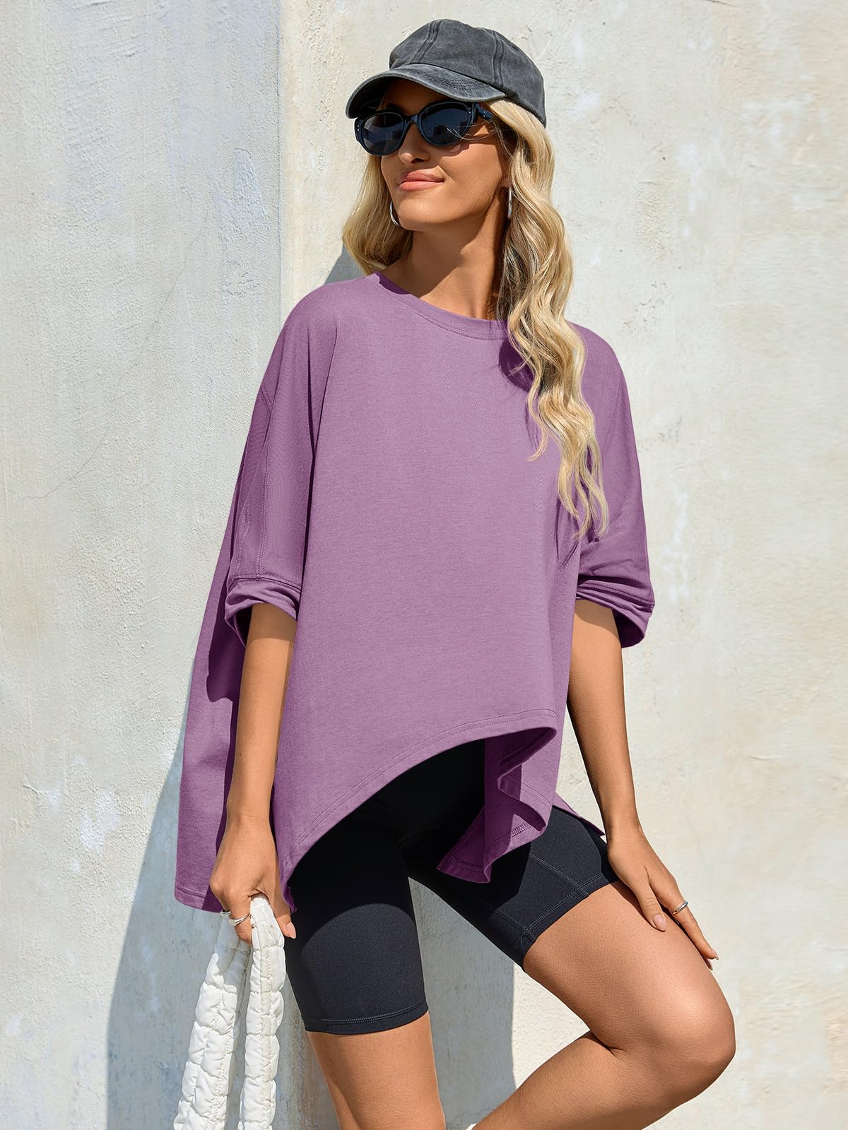 Imily Bela Womens Oversized Tshirts Batwing Short Sleeve Asymmetric Hem Tops Summer Casual Loose Fit Tunic Tee Shirts