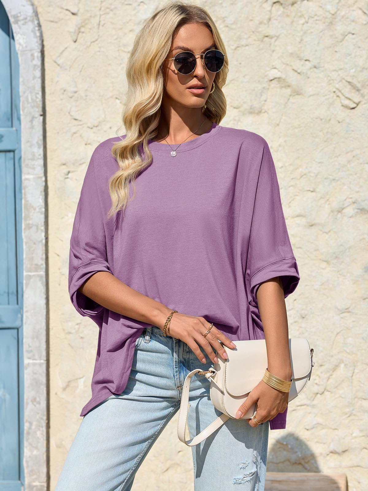 Imily Bela Womens Oversized Tshirts Batwing Short Sleeve Asymmetric Hem Tops Summer Casual Loose Fit Tunic Tee Shirts