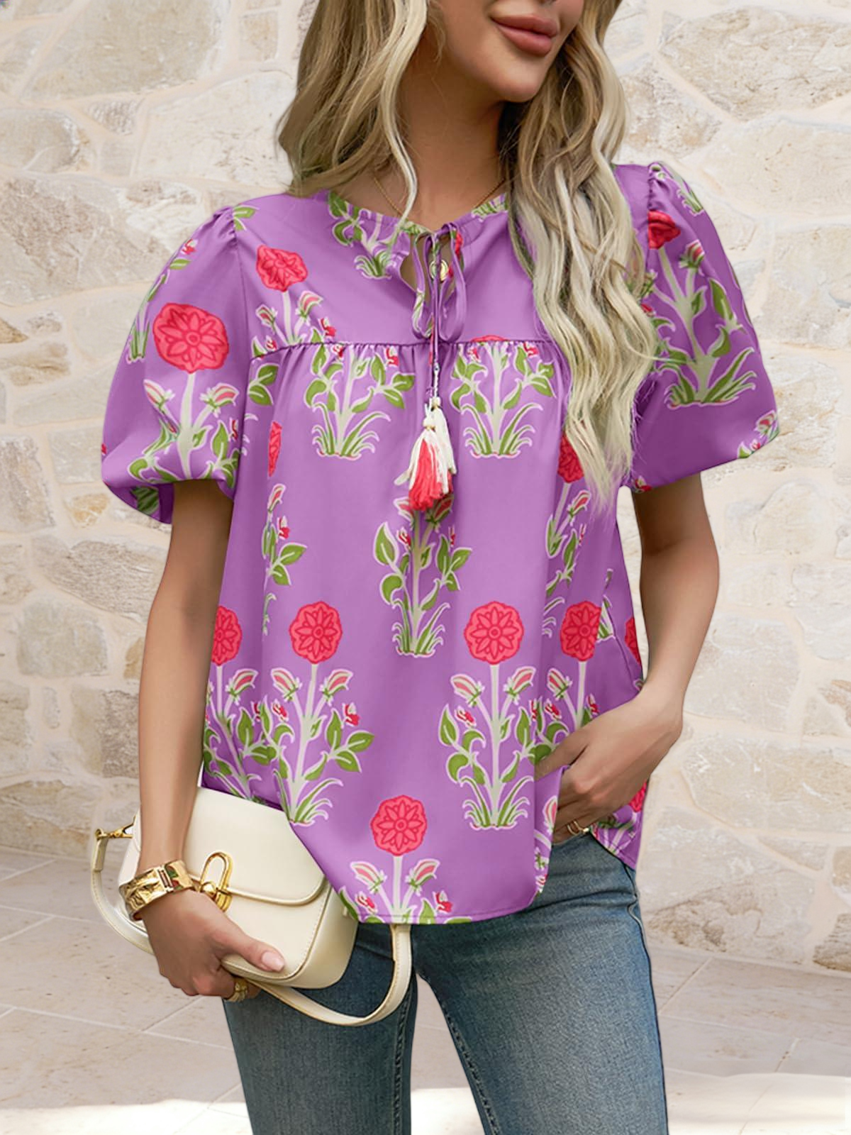 Imily Bela Womens Boho Floral Blouses Short Puff Sleeve V Neck Babydoll Shirts Flowy Tie Front Tops