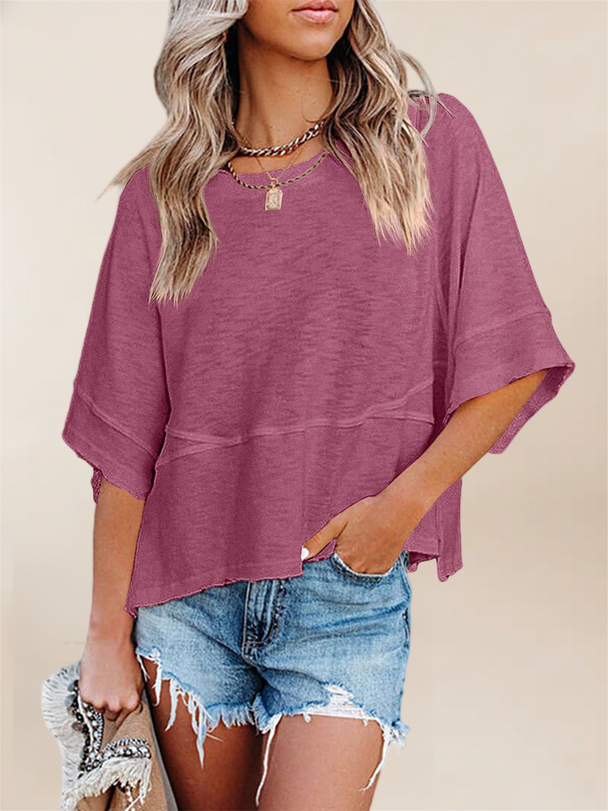 Imily Bela Womens Oversized T Shirts Summer Casual Crewneck 3/4 Sleeve Loose Fit Cute Flowy Tops