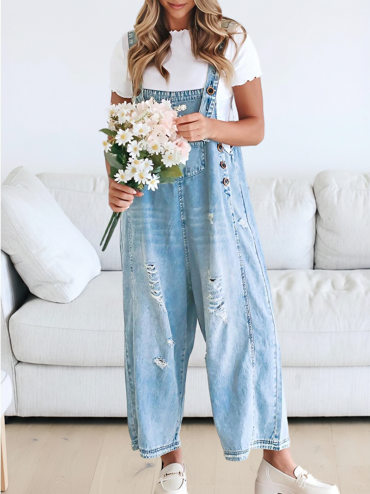 Imily Bela Women's Casual Denim Overalls Loose Adjustable Strap Distressed Bib Jeans Overall Jumpsuits with Pocket