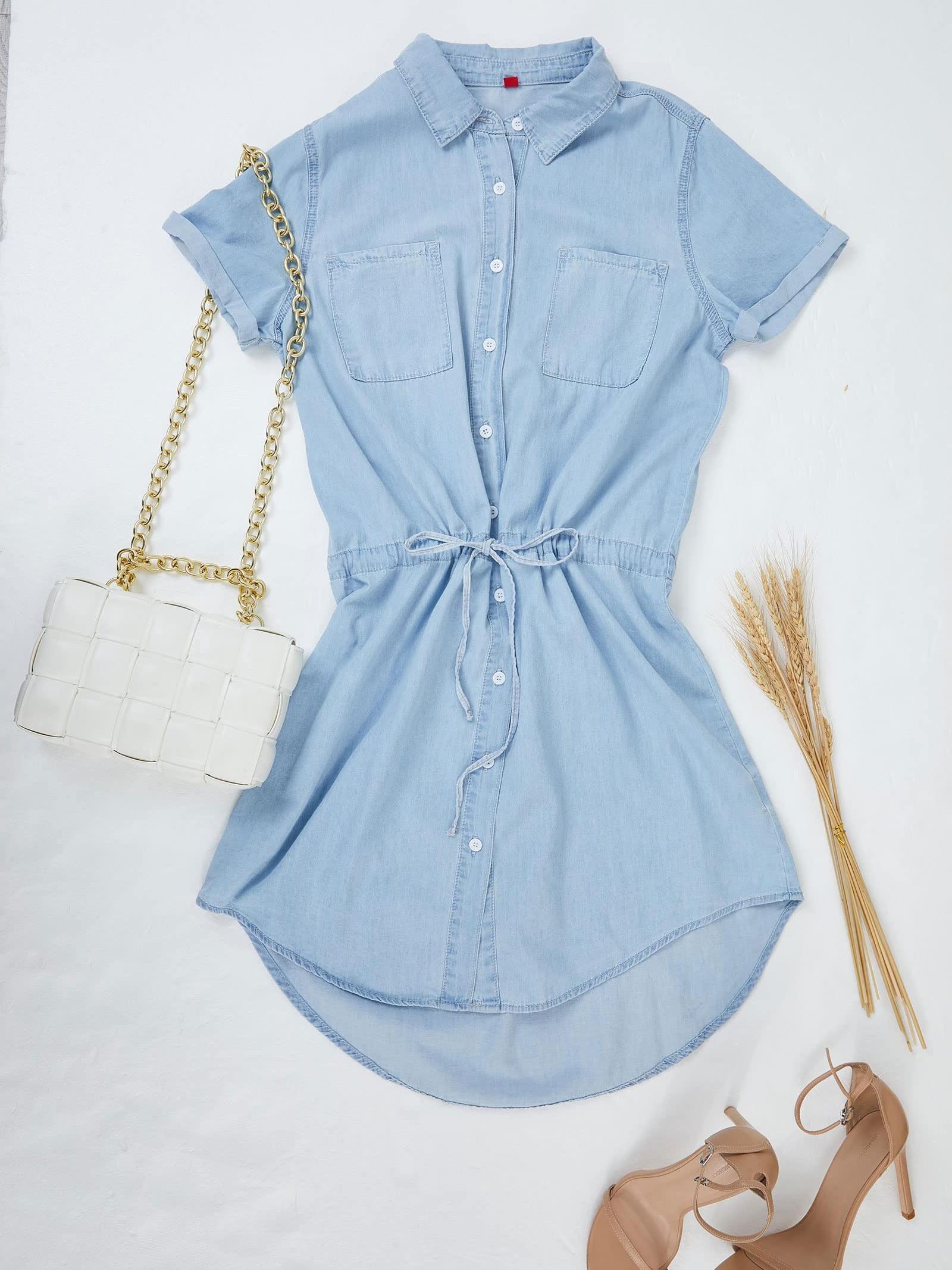 Imily Bela Women Denim Dress Summer Short Sleeve Button Down Tie Waist Casual Jean Shirt Short Dresses