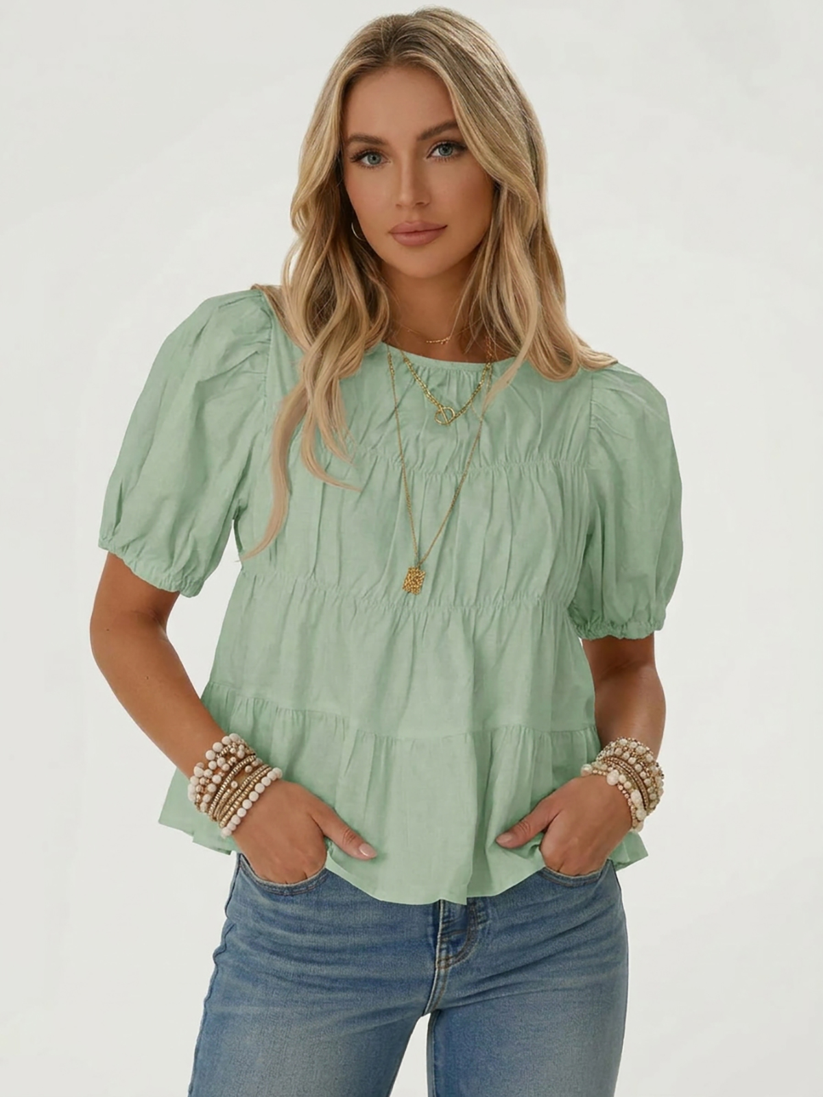 Womens Puff Sleeve Peplum Babydoll Tops Summer Flowy Pleated Cotton T-Shirts Casual Loose Fit Cute Blouse