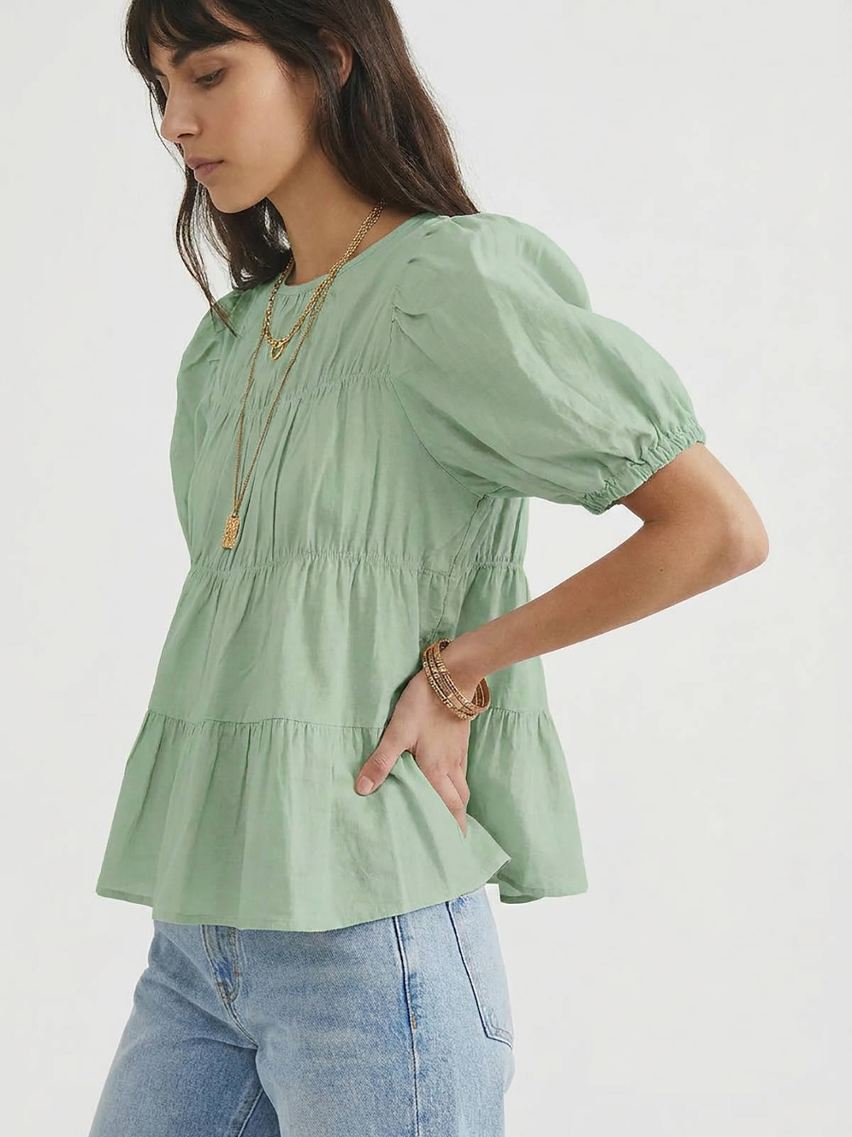 Womens Puff Sleeve Peplum Babydoll Tops Summer Flowy Pleated Cotton T-Shirts Casual Loose Fit Cute Blouse