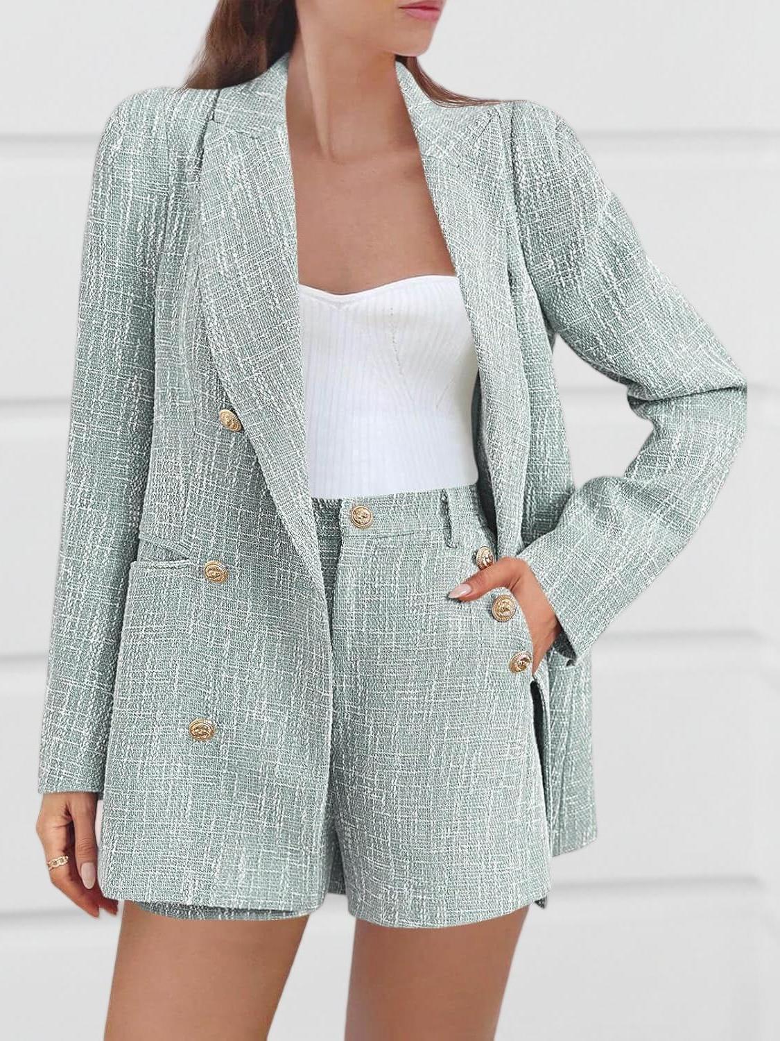 Imily Bela Womens 2 Piece Tweed Blazer Shorts Sets Long Sleeve Double Breasted Suit Jackets Business Outfit