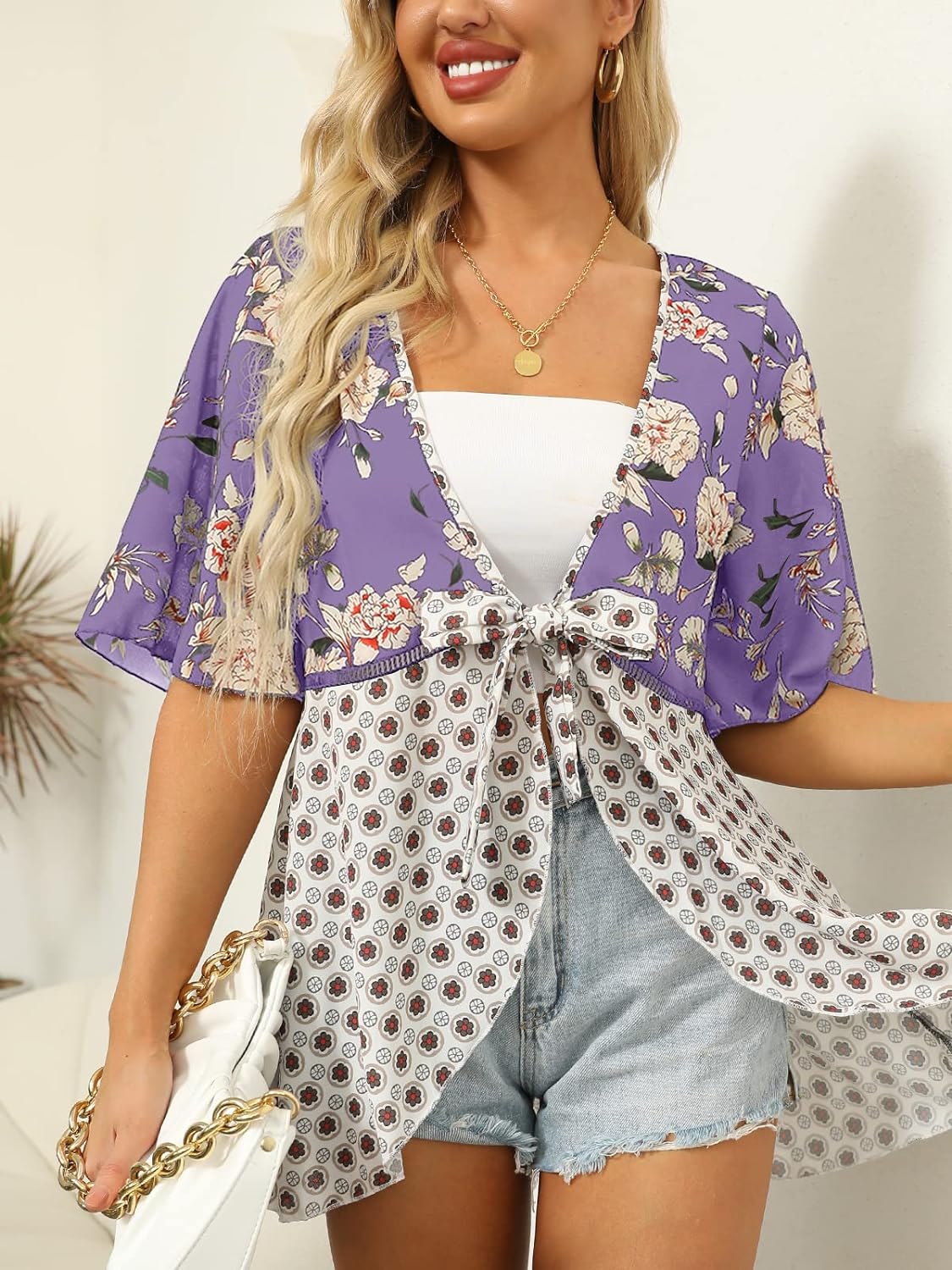 Imily Bela Women Floral Kimono Cardigans 3/4 Ruffle Sleeve Lightweight Patchwork Flowy Boho Tie Loose Cover Ups