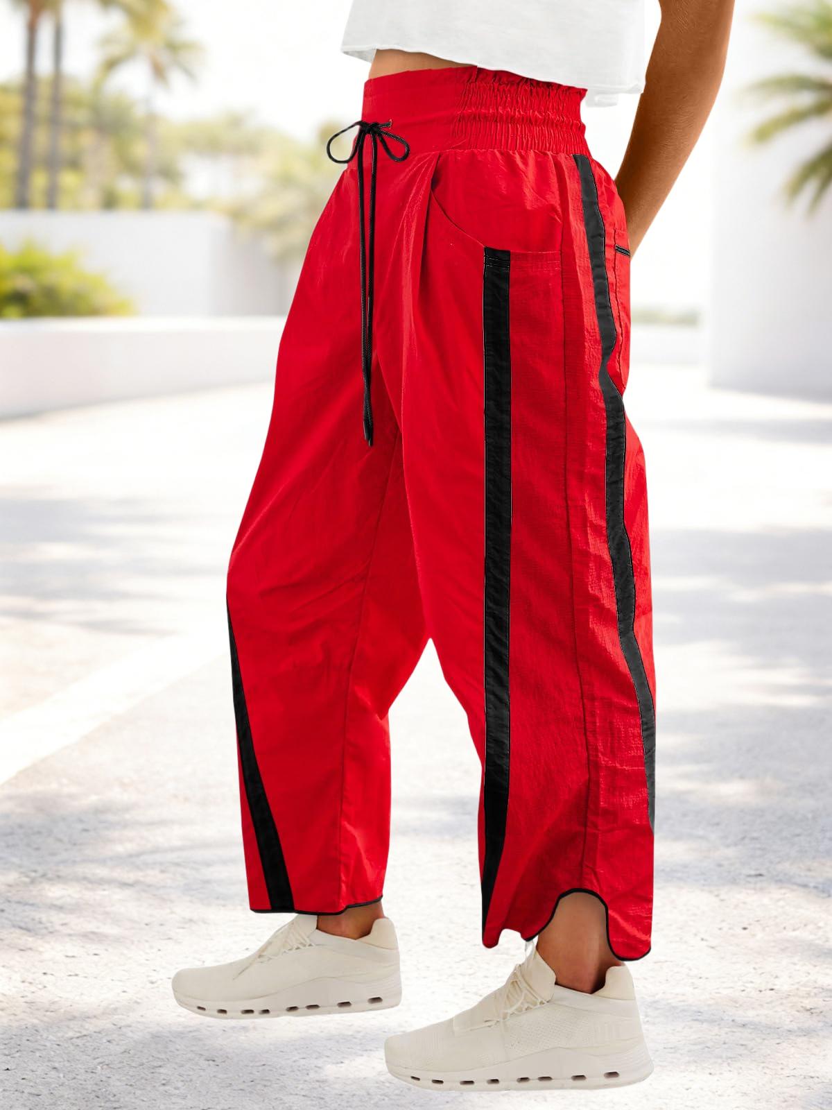 Imily Bela Women's Baggy Wide Leg Pants Casual Drawstring Elastic Waisted Contrast Color Workout Y2K Track Pants