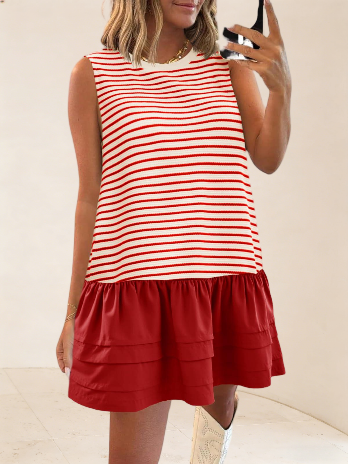 Imily Bela Womens Striped Sweatshirt Dress Casual Sleeveless Crewneck Constrast Patchwork Loose Tank Mini Dresses