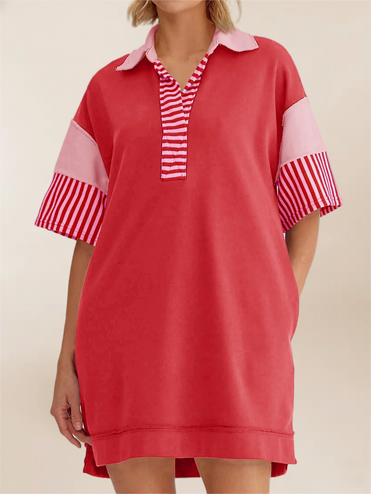 Imily Bela Women'S Polo V Neck T Shirt Dress Casual Summer Oversized Color Block Short Sleeve Sweatshirt Mini Dresses