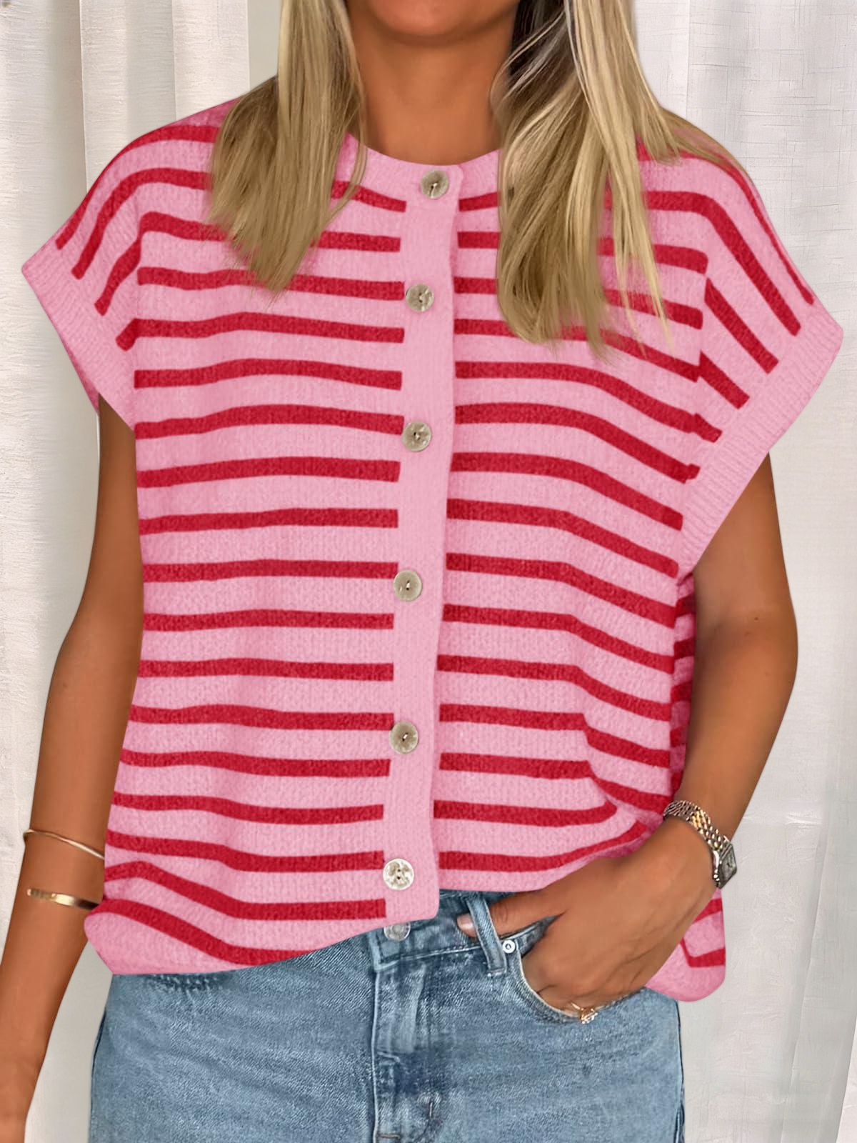 Imily Bela Womens Striped Cap Sleeve Sweater Vest Crew Neck Button Down Cardigan Cute Knit Tops
