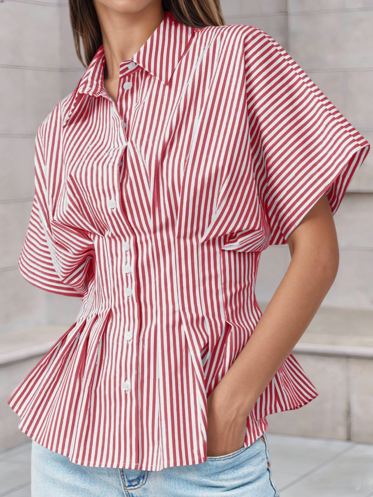 Imily Bela Womens Striped Peplum Button Down Shirts Short Sleeve Pleated Tops Summer Business Casual Blouses