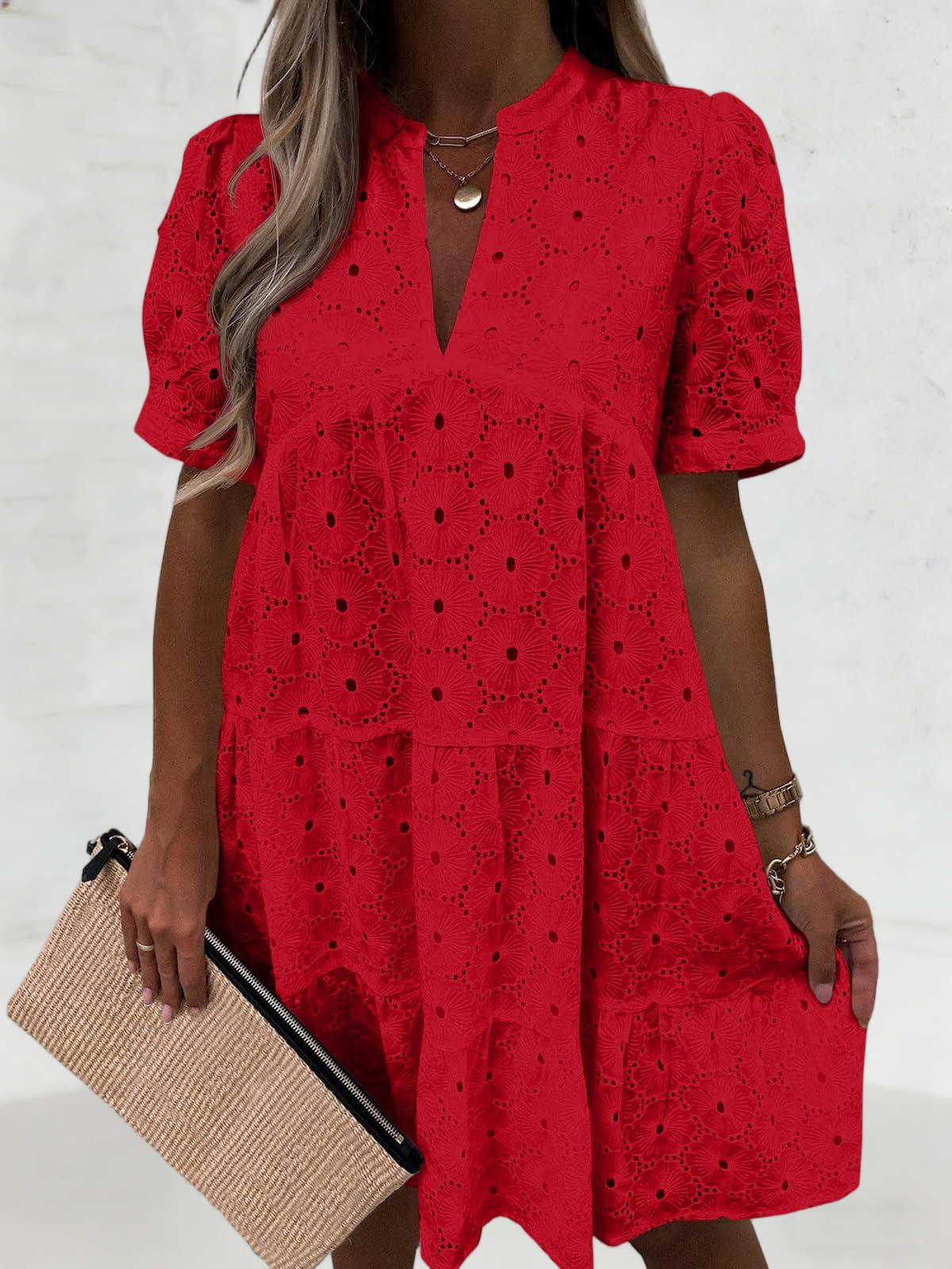 Imily Bela Womens Summer Lace Dresses Eyelet Casual Flowy Babydoll Swing Short Sleeve V Neck Tunic Dress