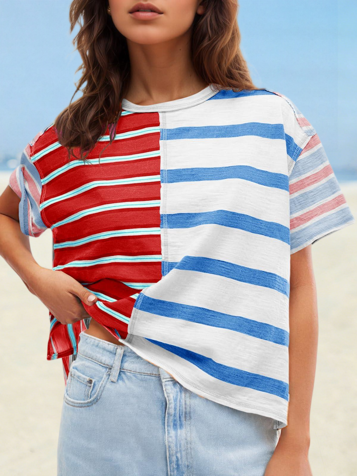 Imily Bela Womens Summer Striped Shirts Casual Color Block Short Sleeve Tops Loose Fit Crew Neck Tees