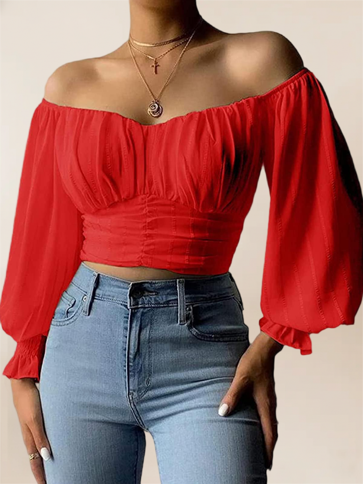 Imily Bela Womens Elegant Off The Shoulder Puff Sleeve Blouse Summer Chiffon Slim Fit Party Crop Top