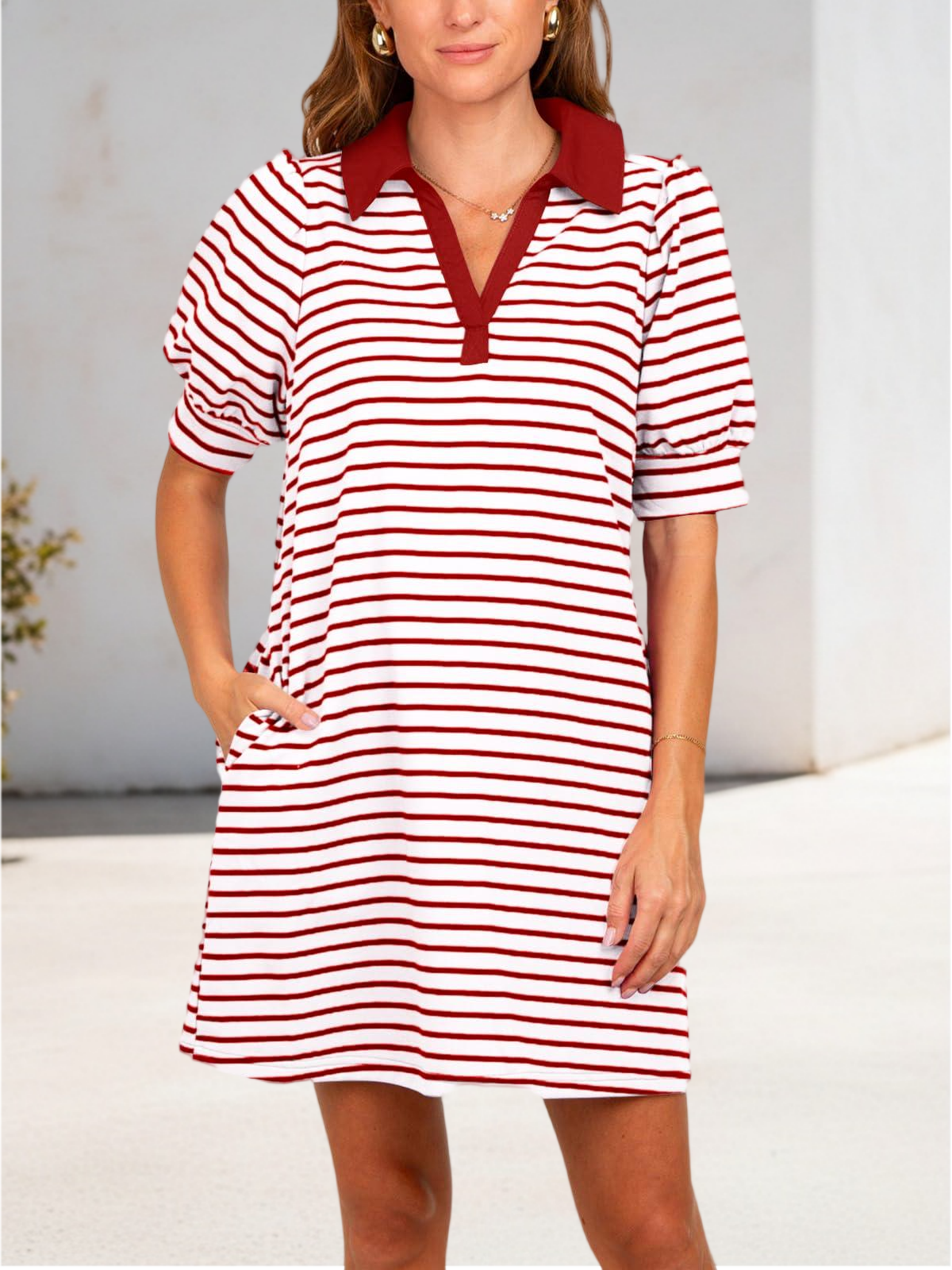 Imily Bela Women's Summer Lapel Collared V Neck Striped Dress Casual Puff Short Sleeve Polo Tshirt Dresses with Pockets