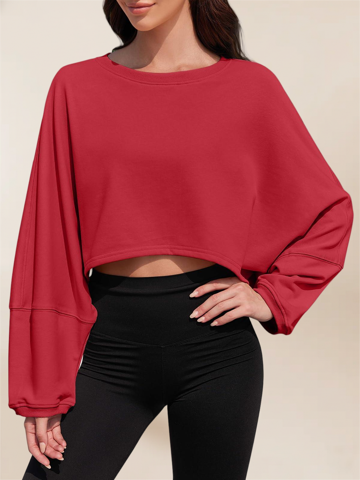 Imily Bela Womens Long Ballon Sleeve Sweatshirts Tops Cropped Crew Neck Loose Fit Casual Workout Shirts