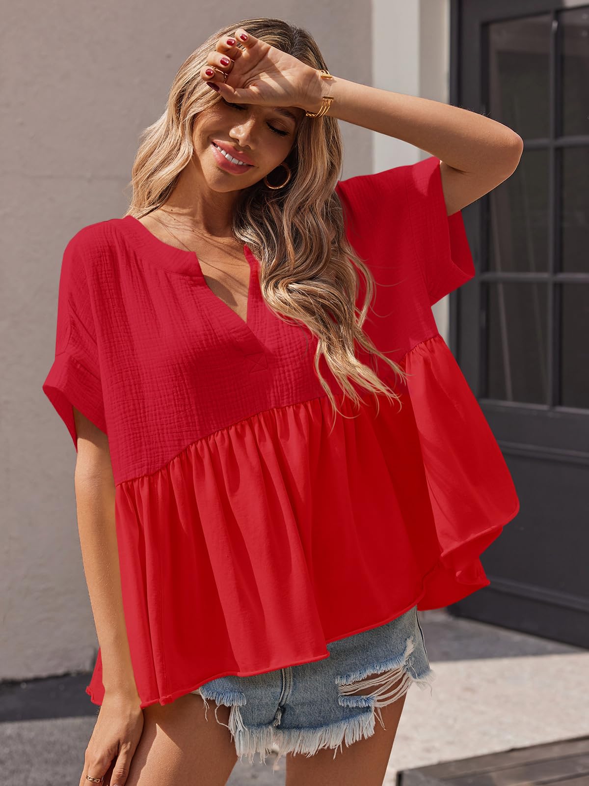 Imily Bela Womens Summer Babydoll Tops V Neck Short Sleeve Pleated Flowy Shirts Casual Loose Fit Peplum Blouse