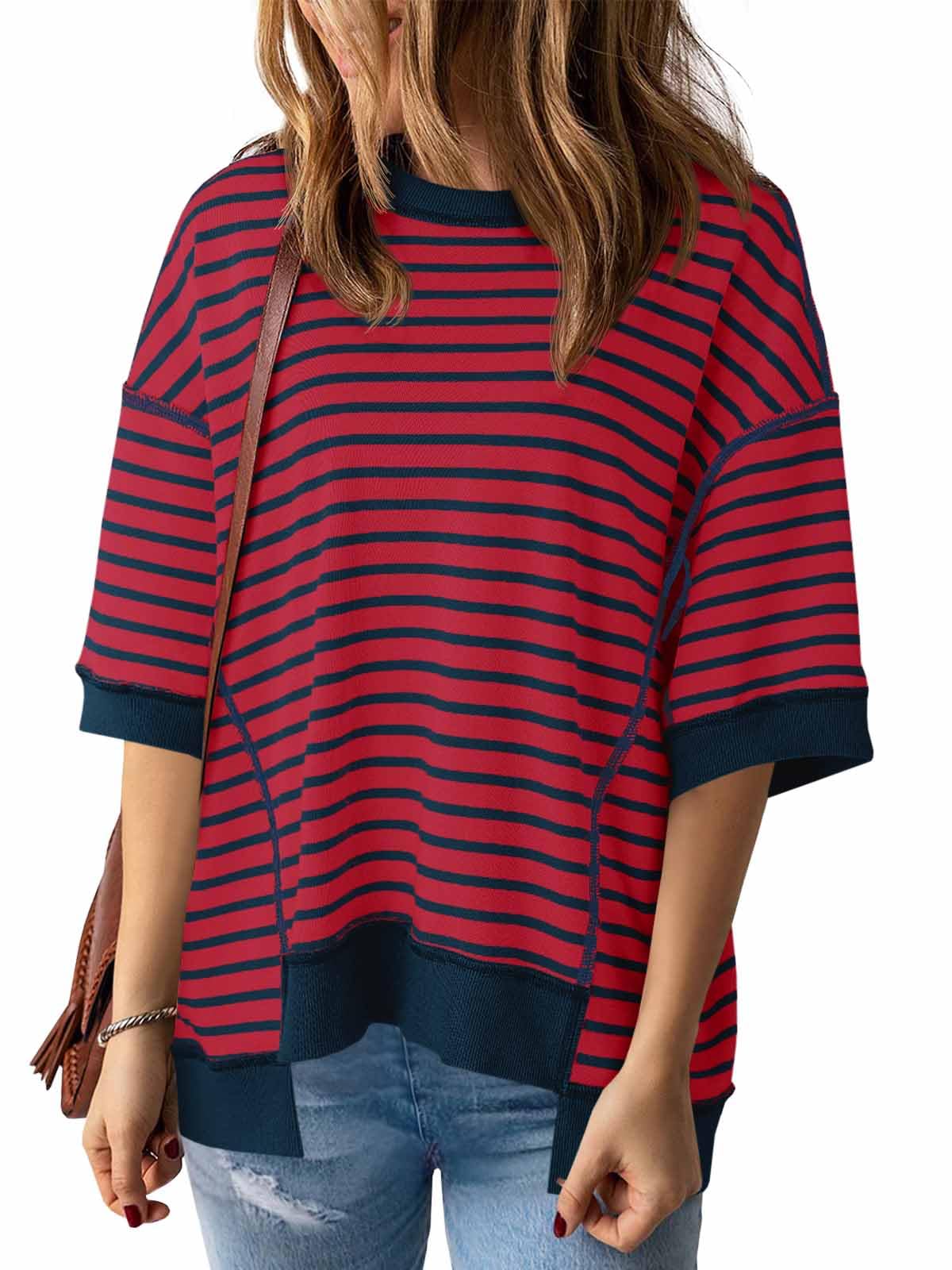 Imily Bela Womens Oversized T Shirts Striped Color Block Cotton Tops Summer Casual Half Sleeve Loose Fit Crewneck Sweatshirts