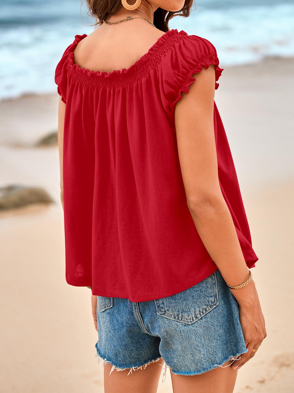 Imily Bela Women Summer Tie Front Tank Tops Cap Sleeve Pleated Babydoll Tops Casual Loose Fit Going Out Flowy Shirt