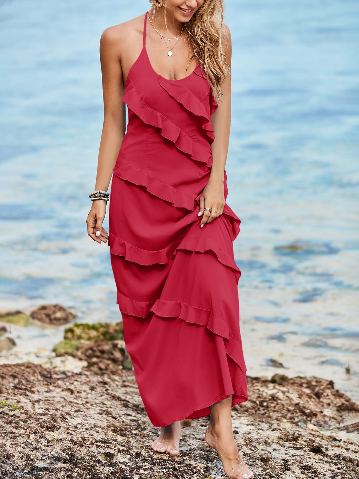 Imiy Bela Womens Sexy Chiffon Halter Maxi Dress Sleeveless Backless Ruffle Tassel Party Club Dresses