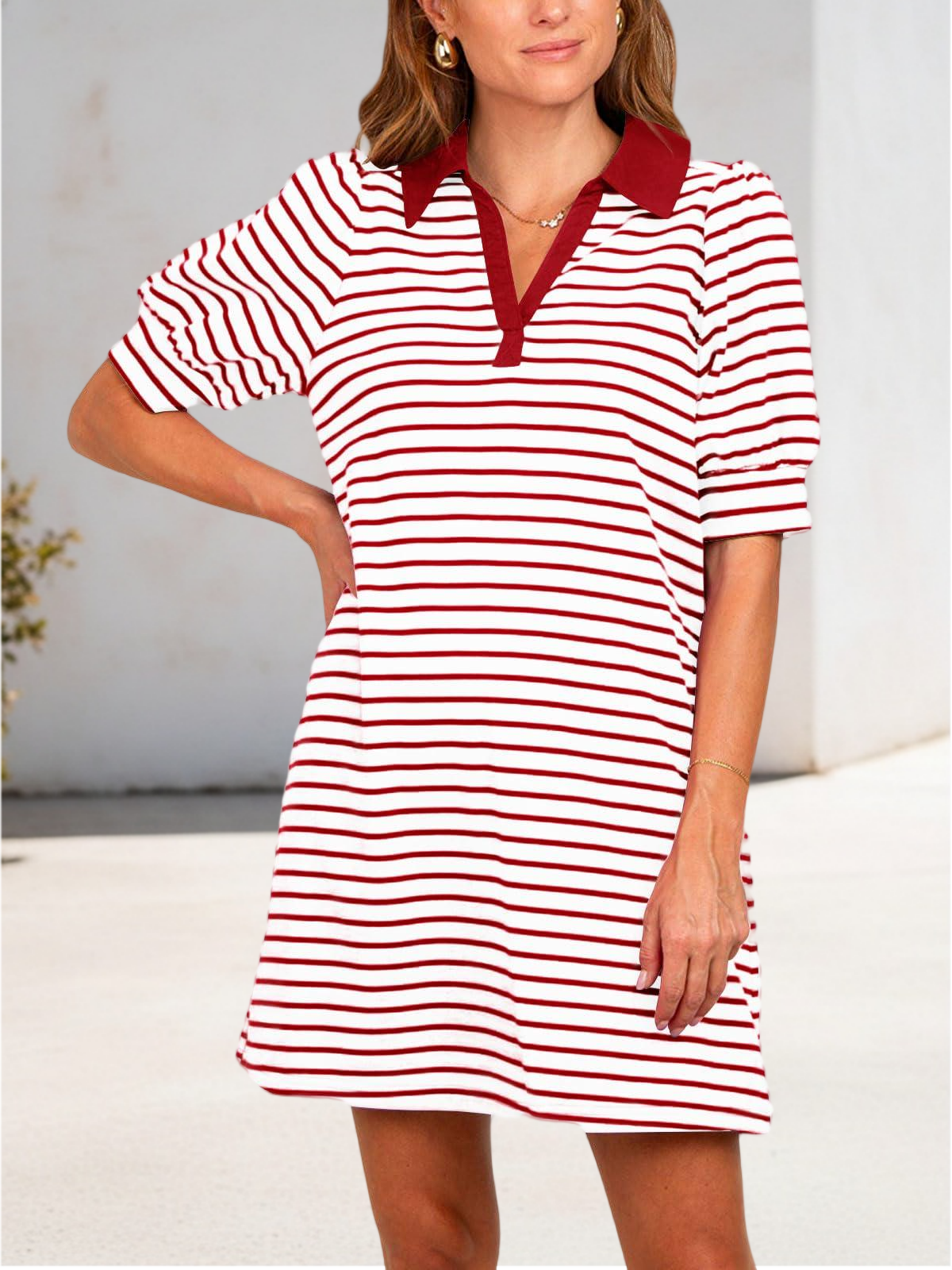 Imily Bela Women's Summer Lapel Collared V Neck Striped Dress Casual Puff Short Sleeve Polo Tshirt Dresses with Pockets