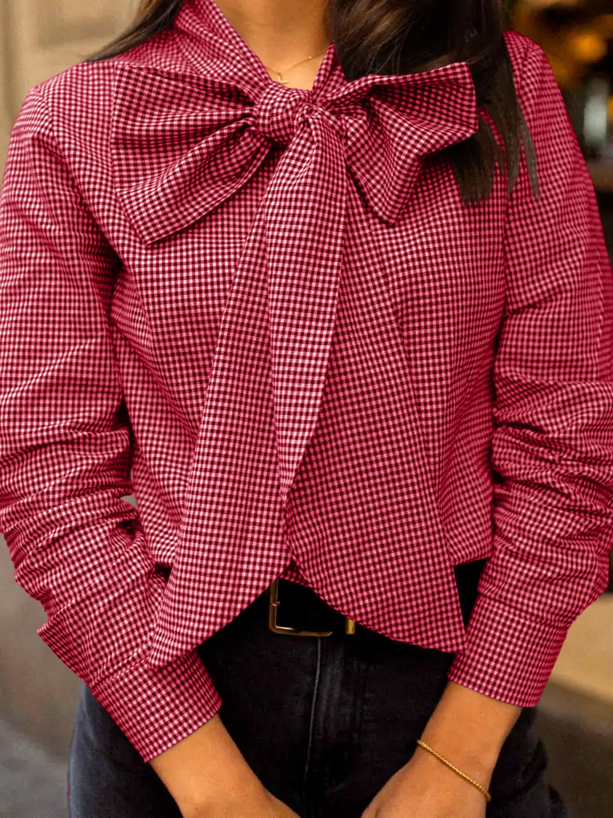 Imily Bela Womens Plaid Shirts Bow Tied Neck Button Down Long Sleeve Casual Dressy Blouse Tops