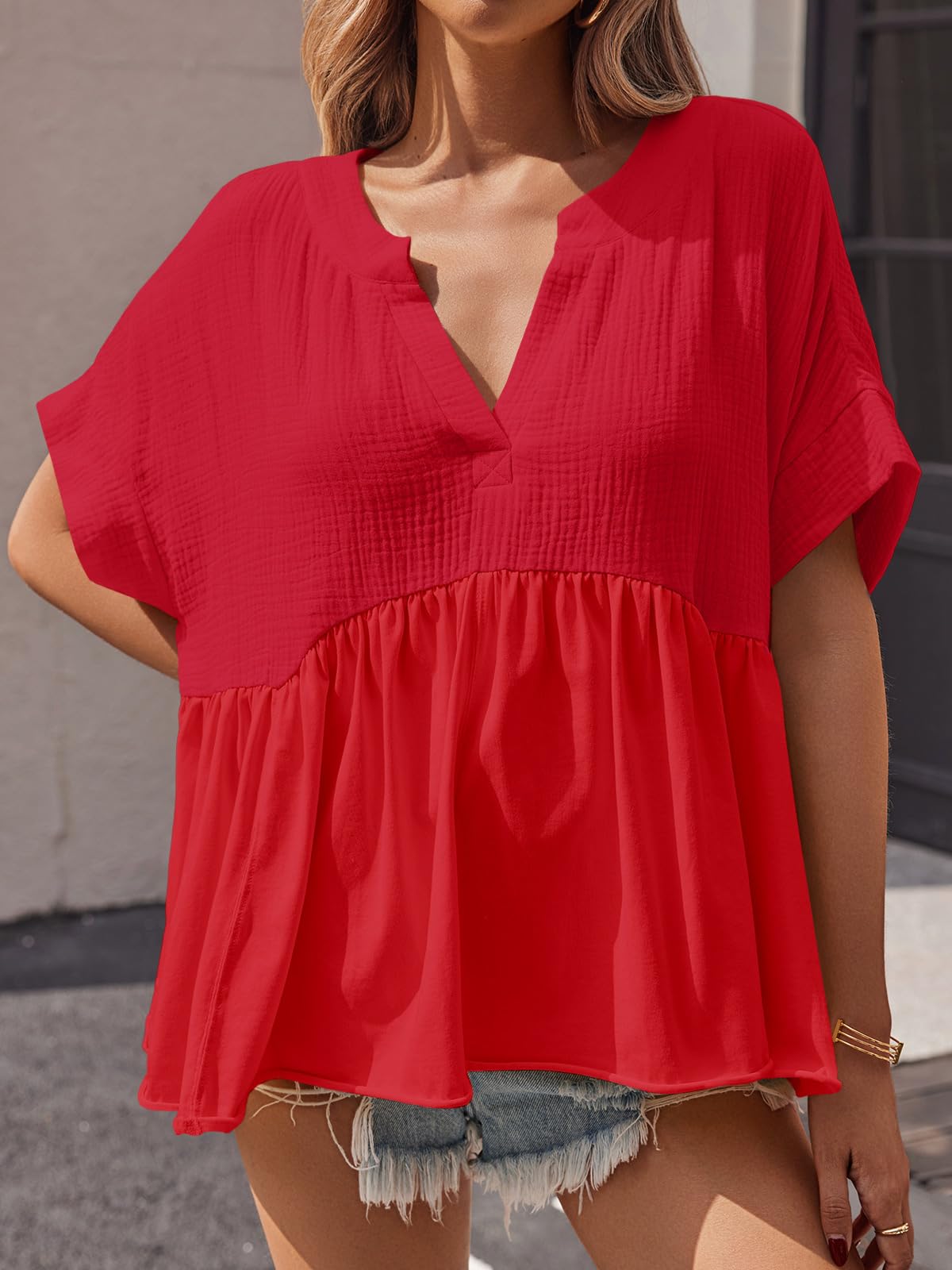 Imily Bela Womens Summer Babydoll Tops V Neck Short Sleeve Pleated Flowy Shirts Casual Loose Fit Peplum Blouse