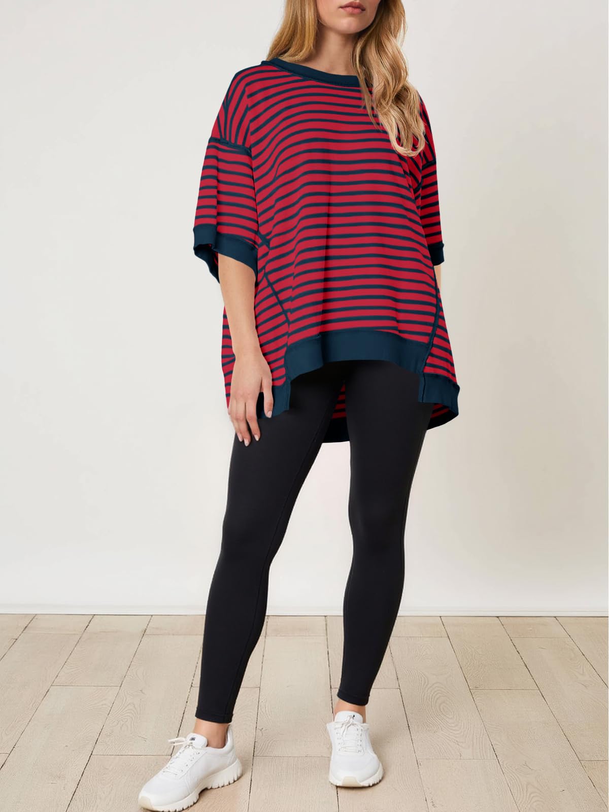 Imily Bela Womens Oversized T Shirts Striped Color Block Cotton Tops Summer Casual Half Sleeve Loose Fit Crewneck Sweatshirts