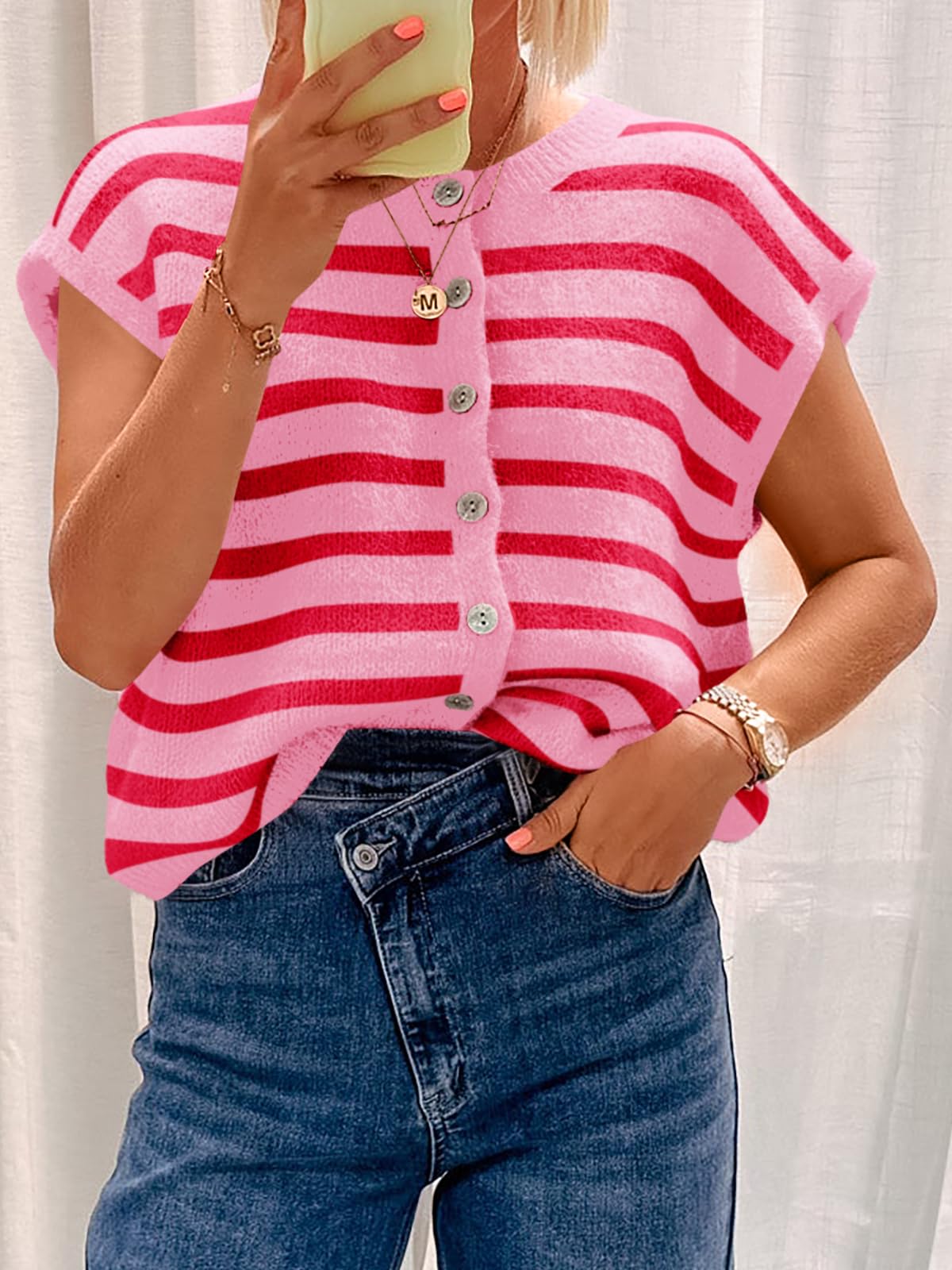 Imily Bela Womens Striped Cap Sleeve Sweater Vest Crew Neck Button Down Cardigan Cute Knit Tops