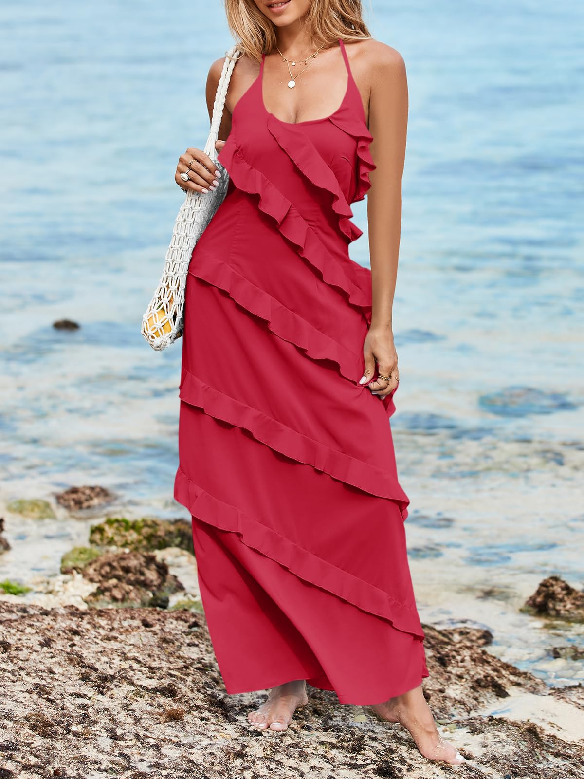 Imiy Bela Womens Sexy Chiffon Halter Maxi Dress Sleeveless Backless Ruffle Tassel Party Club Dresses