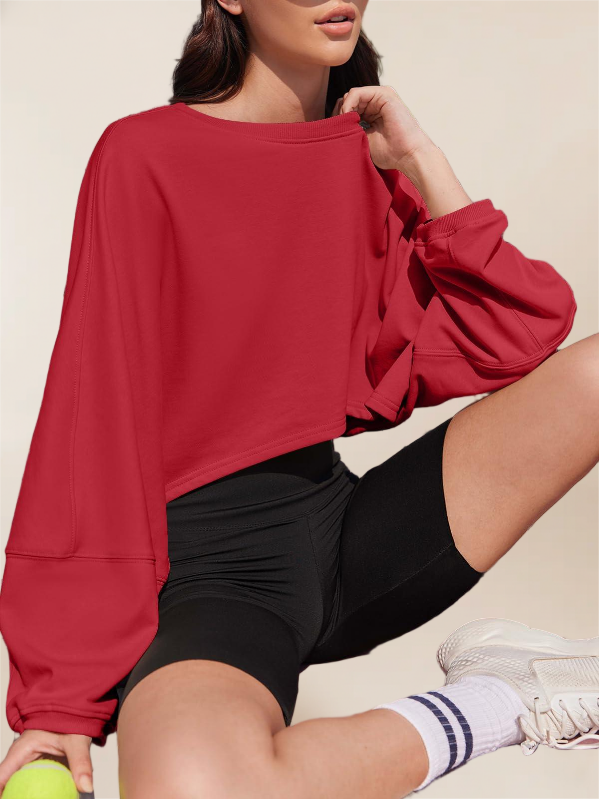 Imily Bela Womens Long Ballon Sleeve Sweatshirts Tops Cropped Crew Neck Loose Fit Casual Workout Shirts