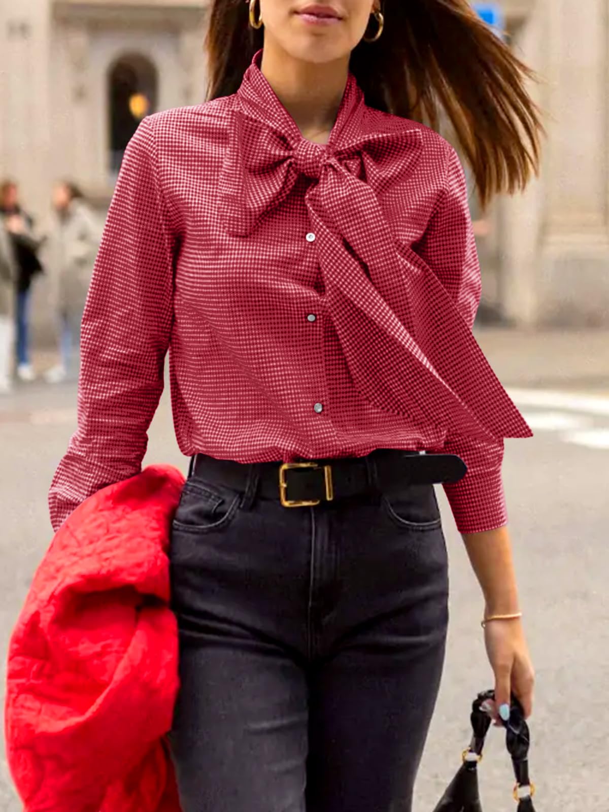 Imily Bela Womens Plaid Shirts Bow Tied Neck Button Down Long Sleeve Casual Dressy Blouse Tops