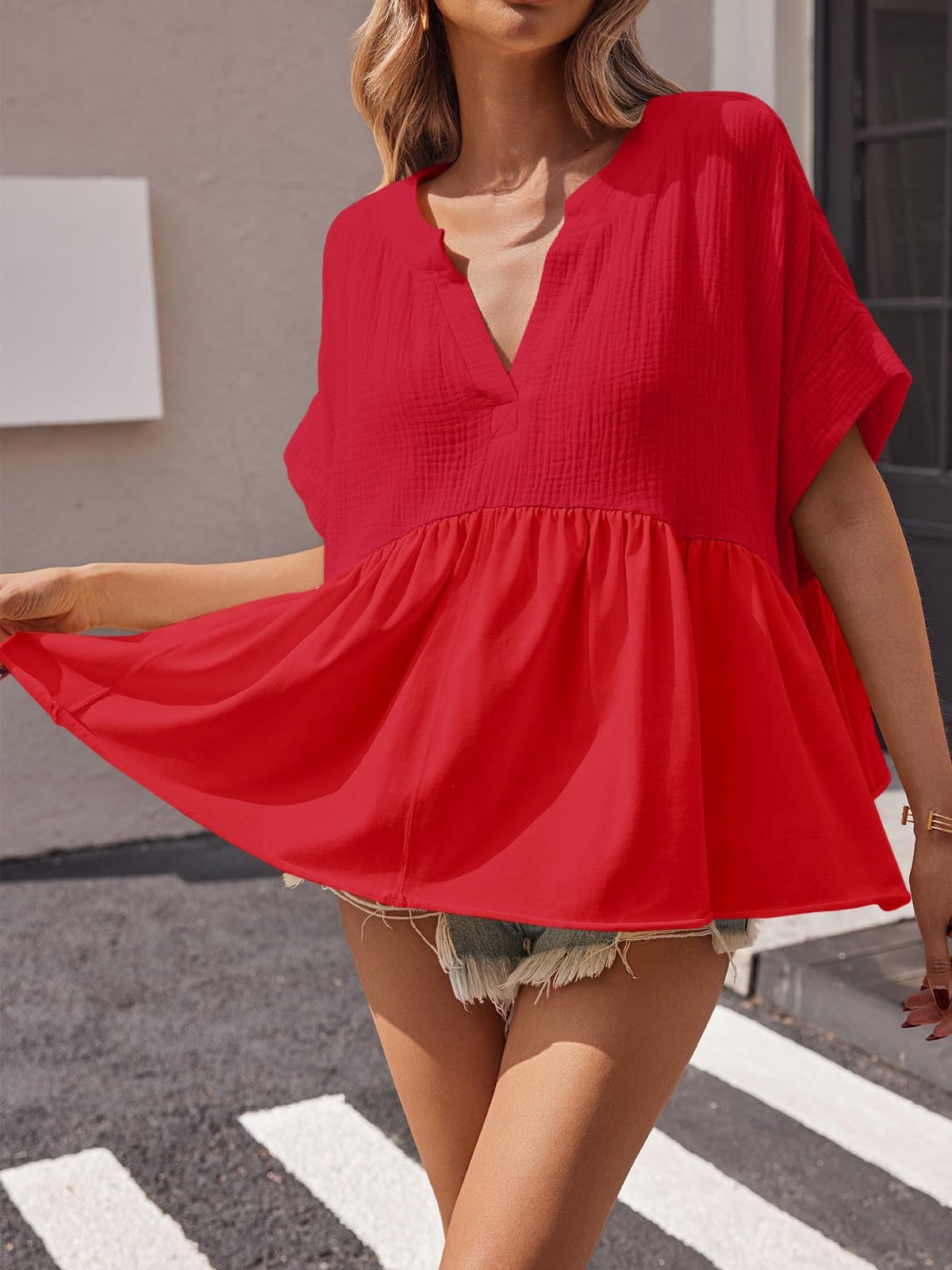 Imily Bela Womens Summer Babydoll Tops V Neck Short Sleeve Pleated Flowy Shirts Casual Loose Fit Peplum Blouse