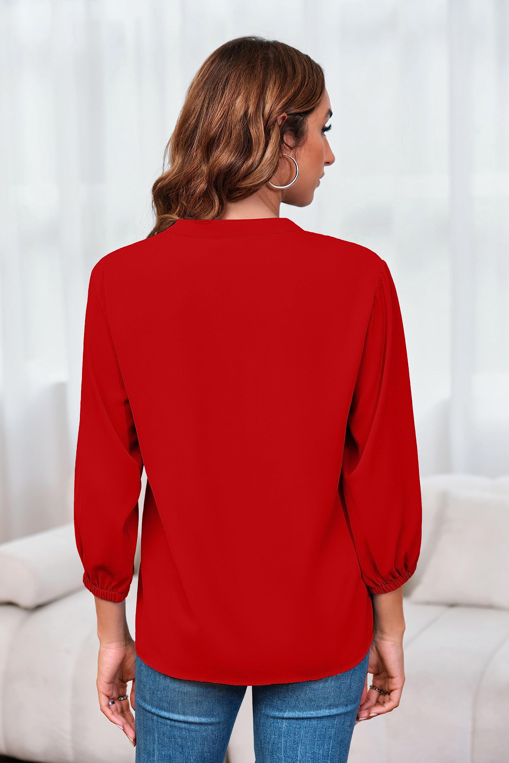 Imily Bela Womens V-Neck Lantern Sleeve Blouse Zipper Design Loose Casual Top Shirts