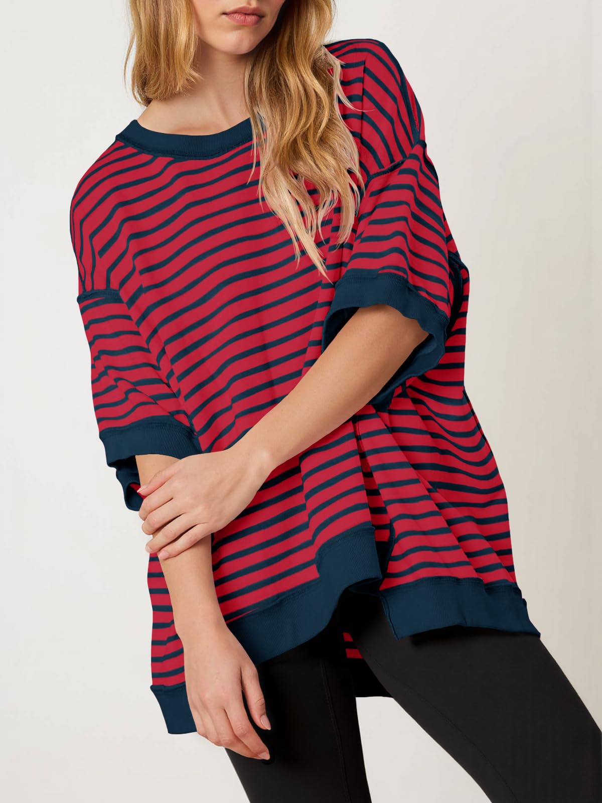 Imily Bela Womens Oversized T Shirts Striped Color Block Cotton Tops Summer Casual Half Sleeve Loose Fit Crewneck Sweatshirts