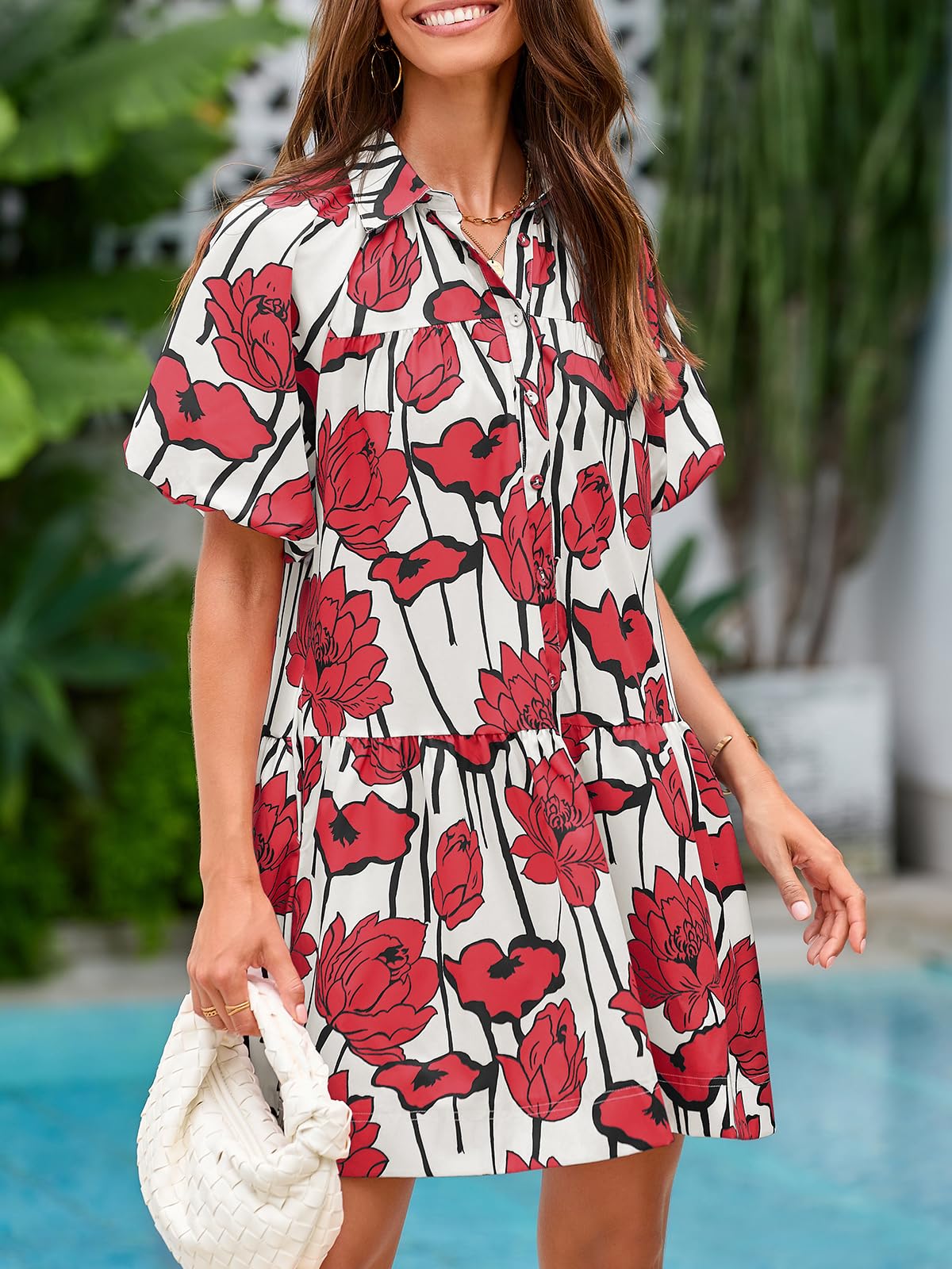 Imily Bela Women's Summer Button Down Shirt Dress Floral Puff Short Sleeve Casual Loose Fit Beach Mini Dresses