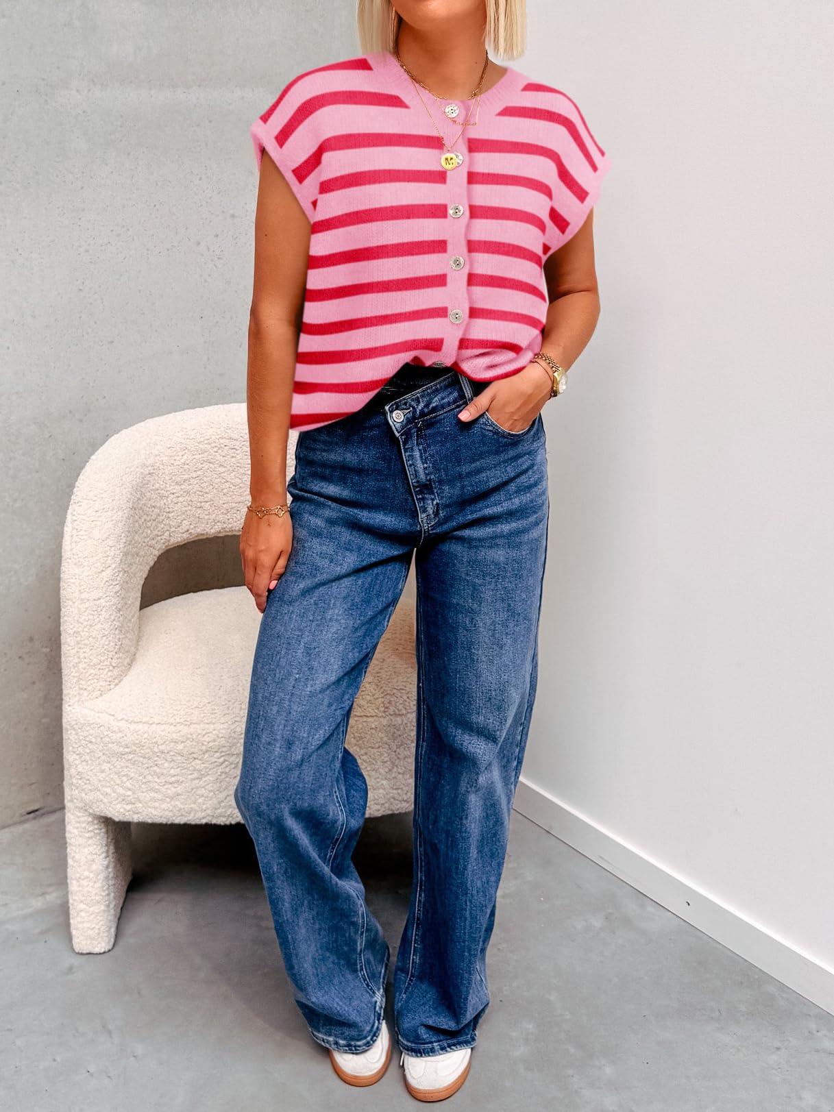 Imily Bela Womens Striped Cap Sleeve Sweater Vest Crew Neck Button Down Cardigan Cute Knit Tops